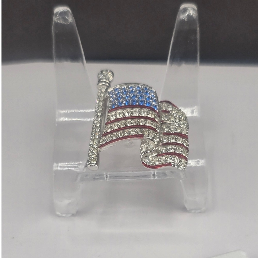 Vintage Swarovski American Flag Brooch Red White Blue Rhinestone Enamel
